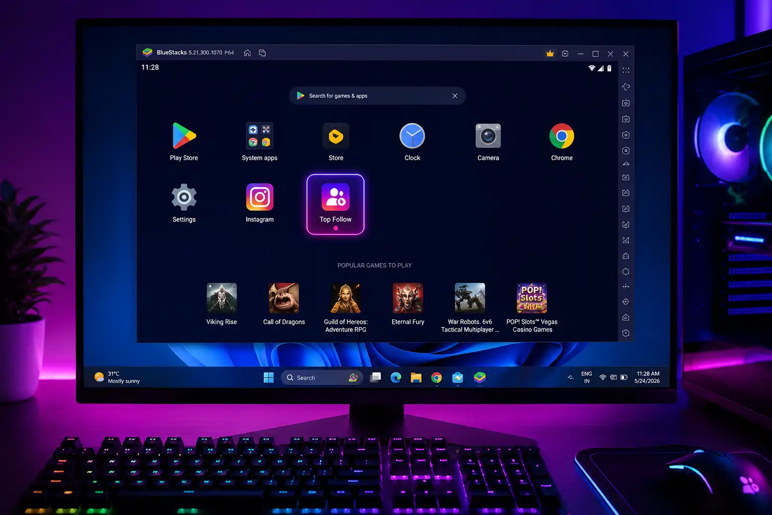 BlueStacks 5 on Windows 11 showing Top Follow app installed in the app drawer