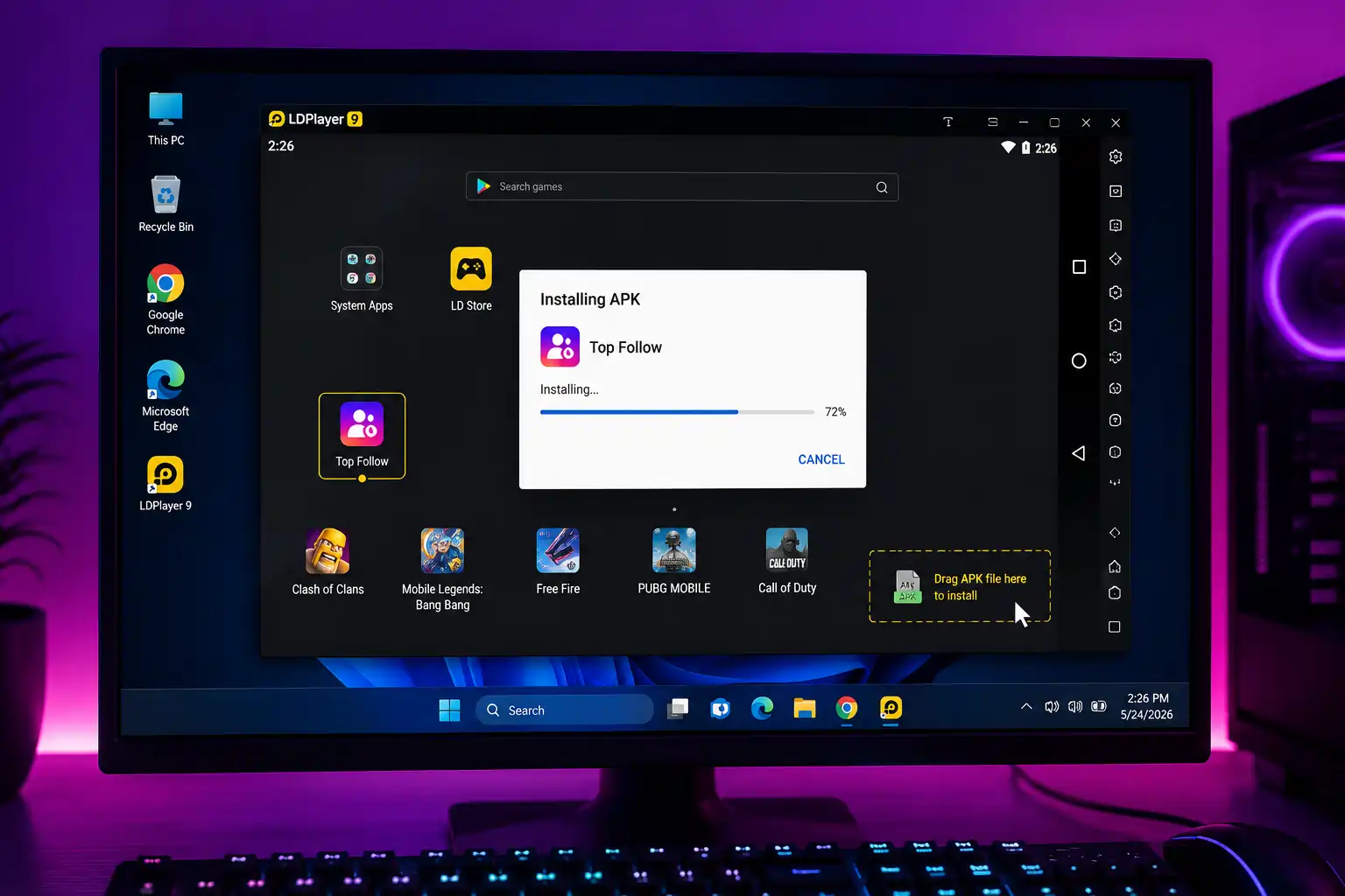 LDPlayer 9 on Windows showing Top Follow APK installation prompt