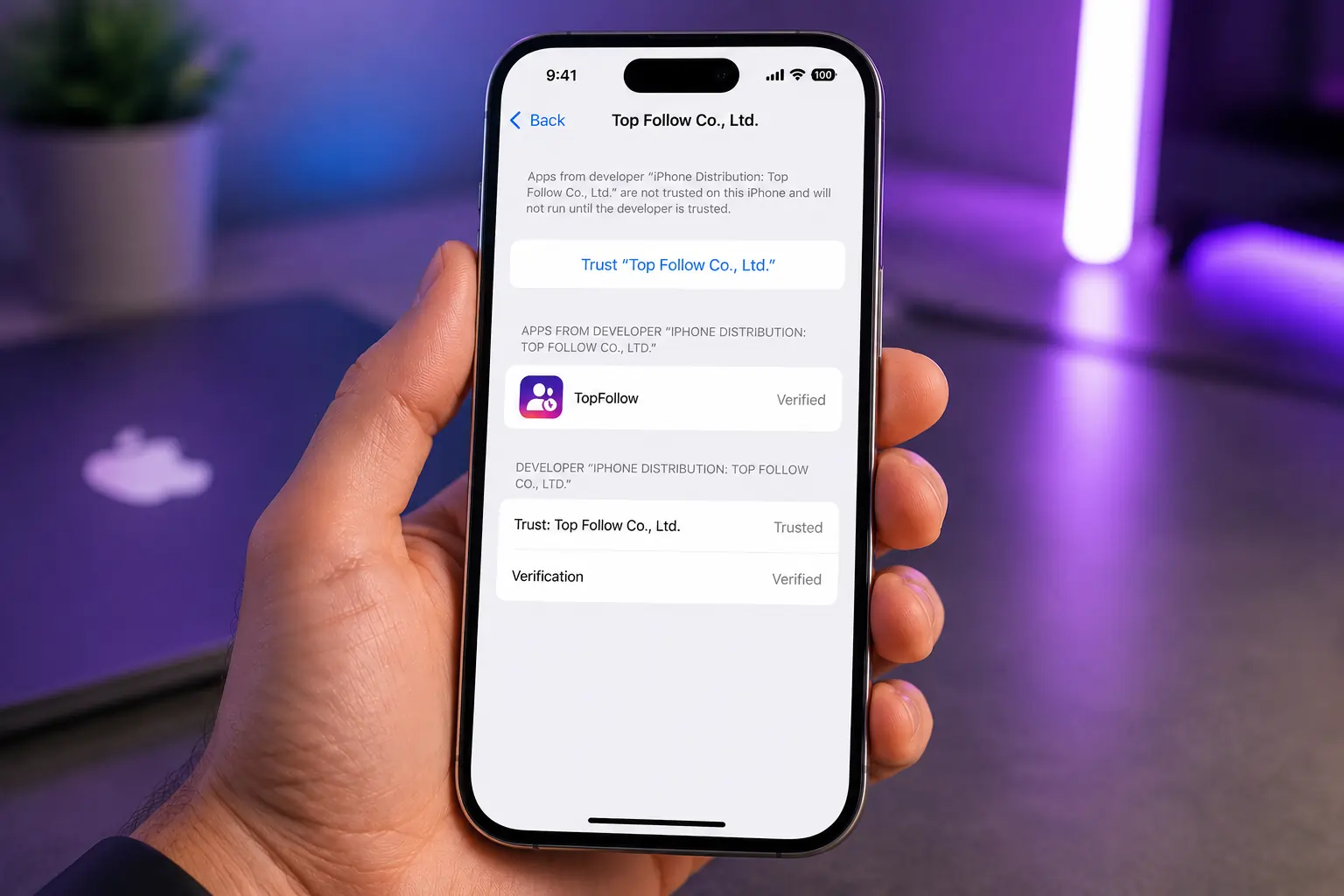 iPhone Settings showing Device Management screen to trust developer certificate after sideloading Top Follow