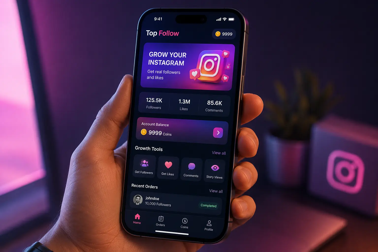 Top Follow coin balance and Instagram growth dashboard on iPhone